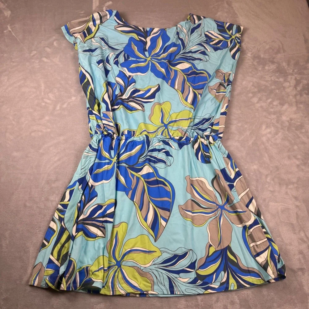 Beach House Style Womens XL Blue Tropical Floral Swim‎ Cover-Up Dress Cap Sleeve